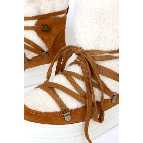 J/Slides Newbie Tan Suede Leather Faux Shearling Platform Booties Boots - Picture 3 of 10